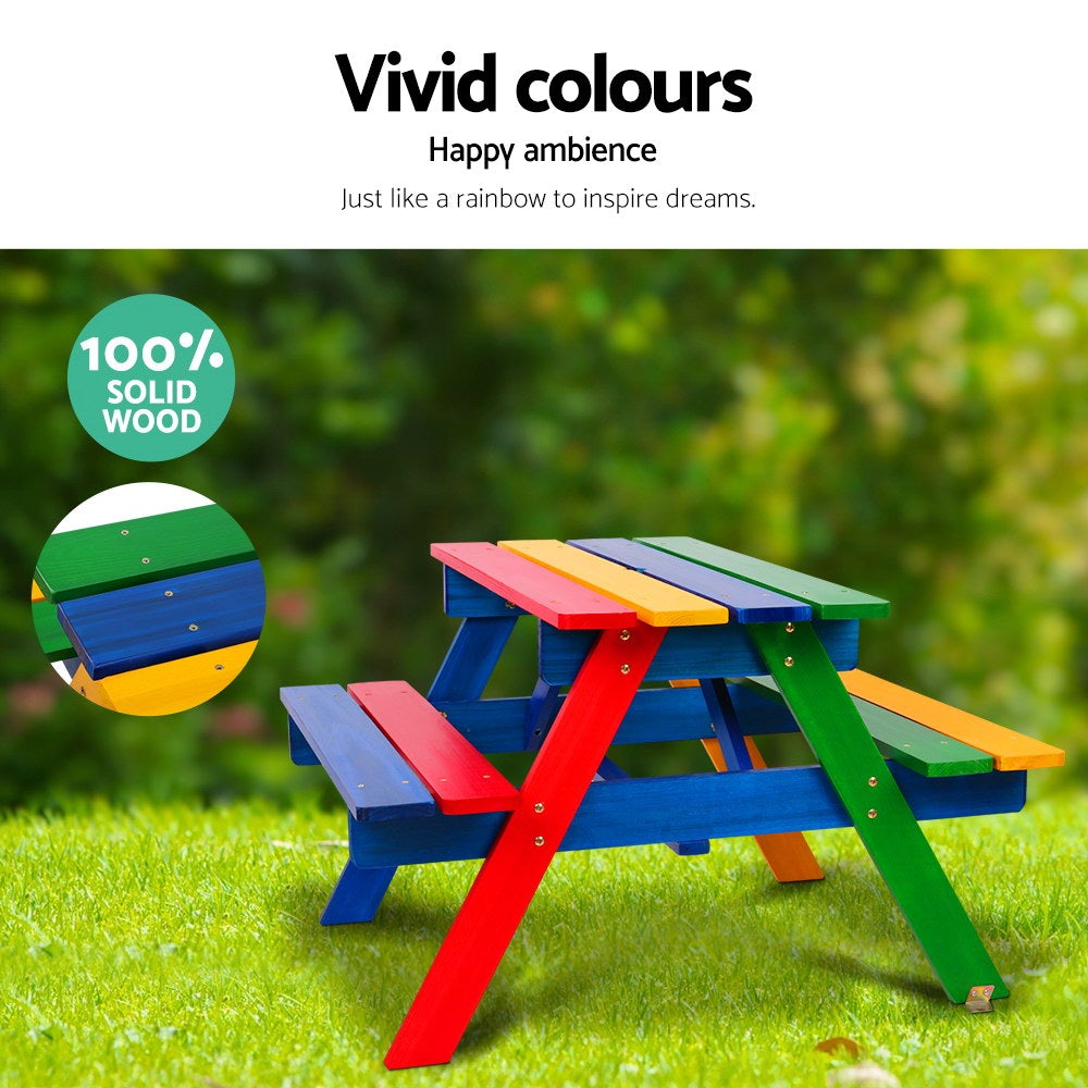 Keezi Kids Wooden Picnic Table Set featuring a colorful table, two benches, and a sturdy umbrella, perfect for outdoor play.